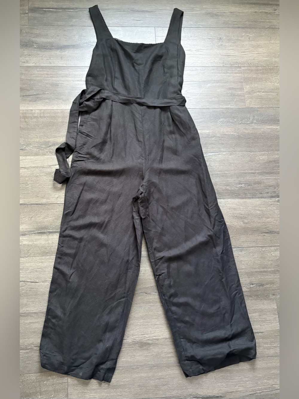 LOFT Womens Black Linen Blend Sleeveless Belted Wide Leg Jumpsuit Size 14 NWT